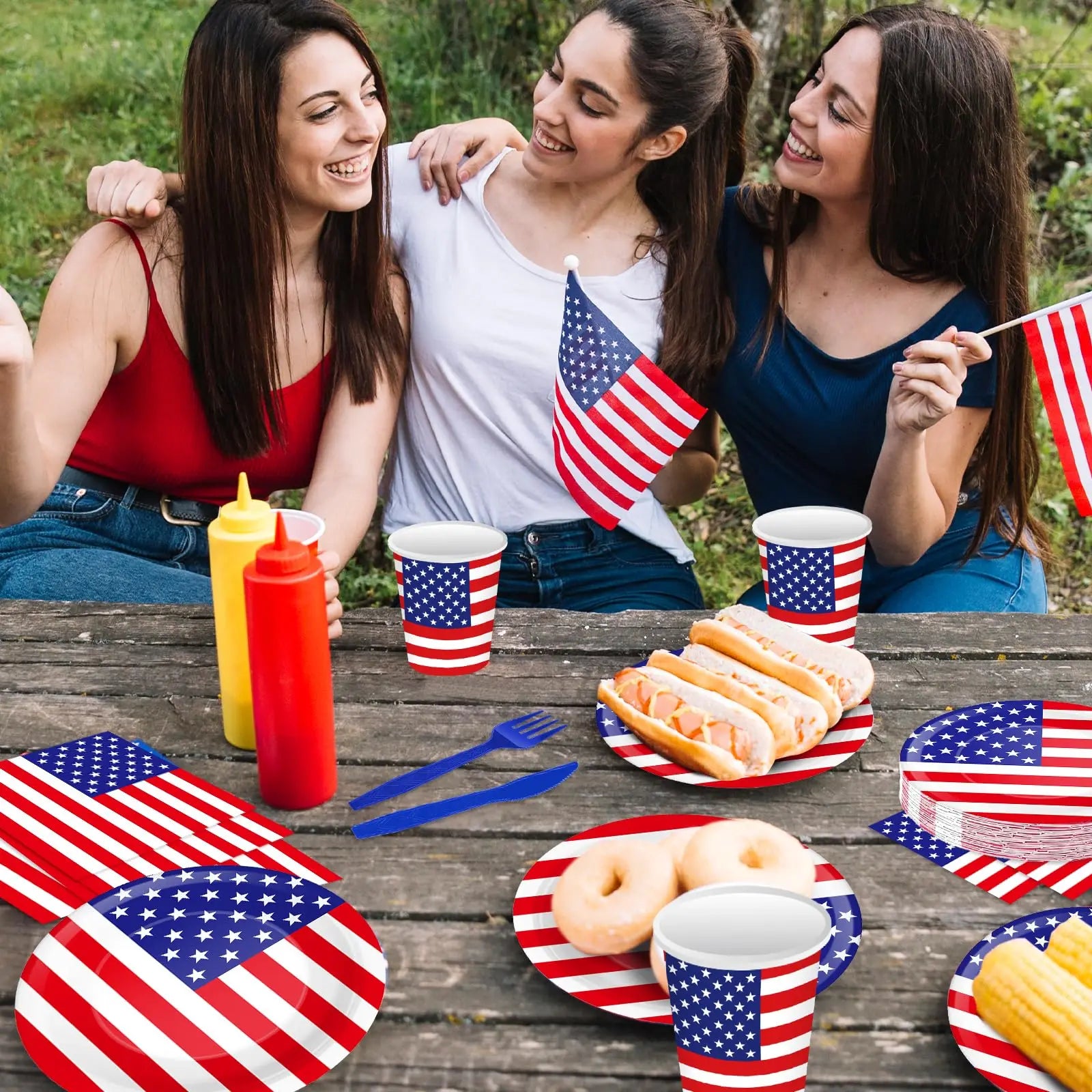 120 Pcs American Flag Disposable Tableware Plates, Cups, Napkins For USA Patriotic Theme Party, 4th Of July, Independence Day