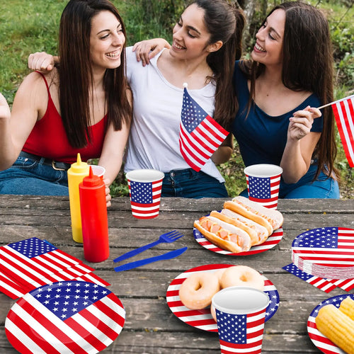 120 Pcs American Flag Disposable Tableware Plates, Cups, Napkins For USA Patriotic Theme Party, 4th Of July, Independence Day
