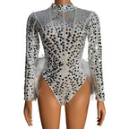 Sparkly Silver Sequin Pearl & White Feather Bodysuit 2-Piece Set Stage Performance Costume