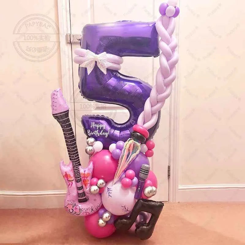 59pcs Guitar Balloon Purple Numbers 1-9 Birthday Balloon Set Music Theme Party Decoration Festival Photo Props Birthday Gift
