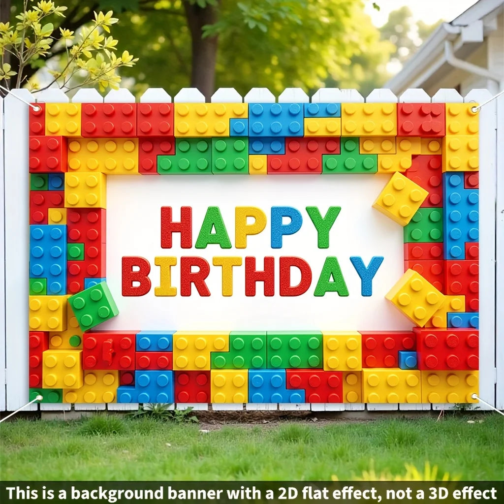 1Birthday Party Banner - Building Block Letters“Happy Birthday”Design，Building Block Style Party Decoration，Birthday，wsj