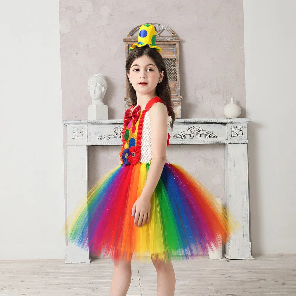 Clown Multicolored Circus Costume for Girls Funny Joker Halloween Tutu Dress Kids Fancy Birthday Party Pageant Carnival Clothes - Big Tim's Magic Emporium