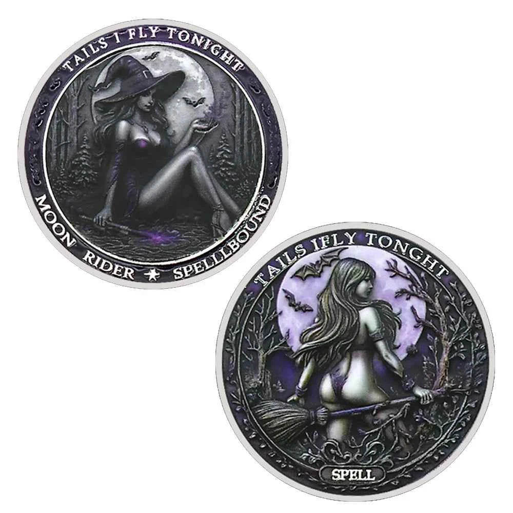 Tails I Fly Tonight" Witch Challenge Coin – Moon Rider Spellbound Collectible, 40mm Fantasy Magic Coin Gift
