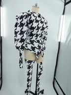 Houndstooth Geometric Print Bodysuit, Over-Knee Boots & Statement Hat 3-Piece Stage Costume Set