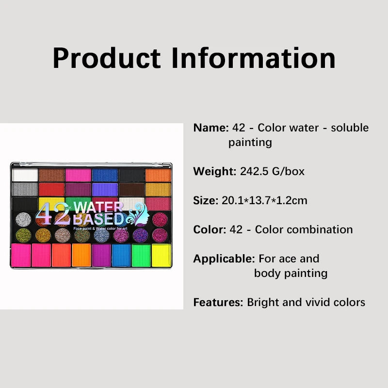 42 Colors Water-Based Face Paint Palette Neon Fluorescent Shades with Glitter Sequins for Art, Festivals, Cosplay Makeup