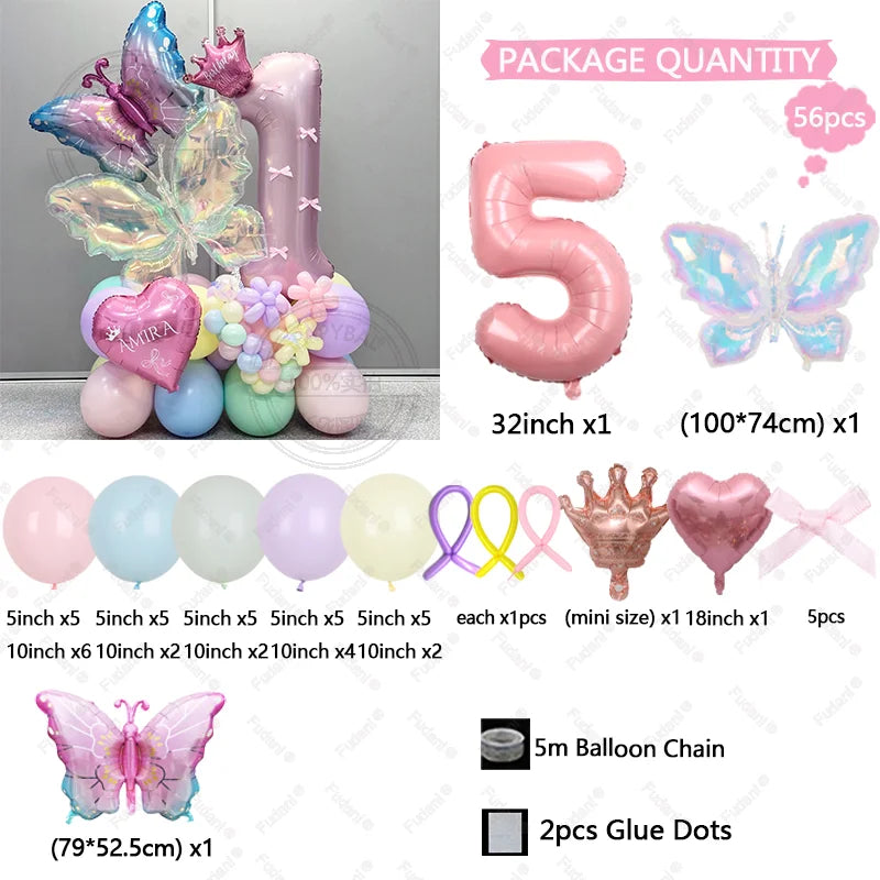 56pcs Colorful Butterfly Love Balloon Pink Number Birthday Balloon Set Festival Party Decoration Children's Baptismal Supplies