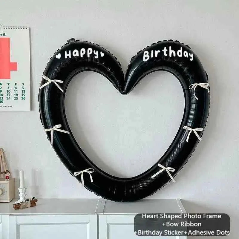 Happy Birthday Heart Photo Frame Balloon with Bowknot Stickers Girlsfriend Birthday Party Photo Props Wedding Ballon Decoration