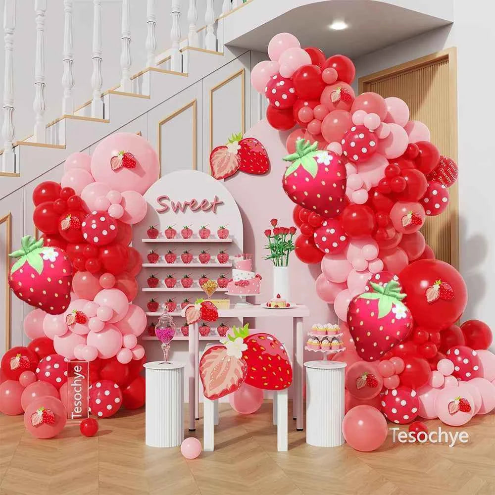 127Pcs Strawberry Balloon Arch Kit Red Polka Dot Strawberry Foil Balls Fruit Berry 1st Birthday Strawberry Shortcake Party Decor
