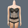 Sparkly Rhinestone Black Bodycon Sheer Mesh Bodysuit Nightclub Stage Outfit