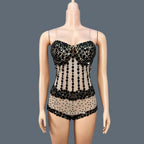 Sparkly Rhinestone Black Bodycon Sheer Mesh Bodysuit Nightclub Stage Outfit