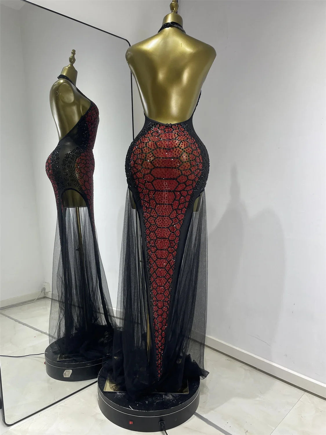Claret Red Snakeskin Rhinestone Halter Gown Backless Mesh Illusion Evening Maxi Dress