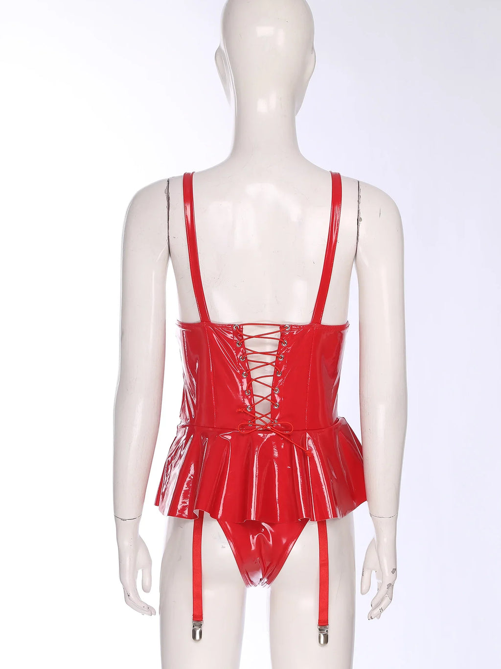 Glossy Wet-Look Halter Romper Bodysuit with Flared Skirt Hem & Integrated Garters
