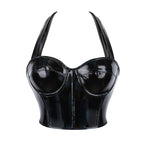 Black Shiny PU Leather Halter Corset Crop Top Push-Up Bustier Gothic Bra