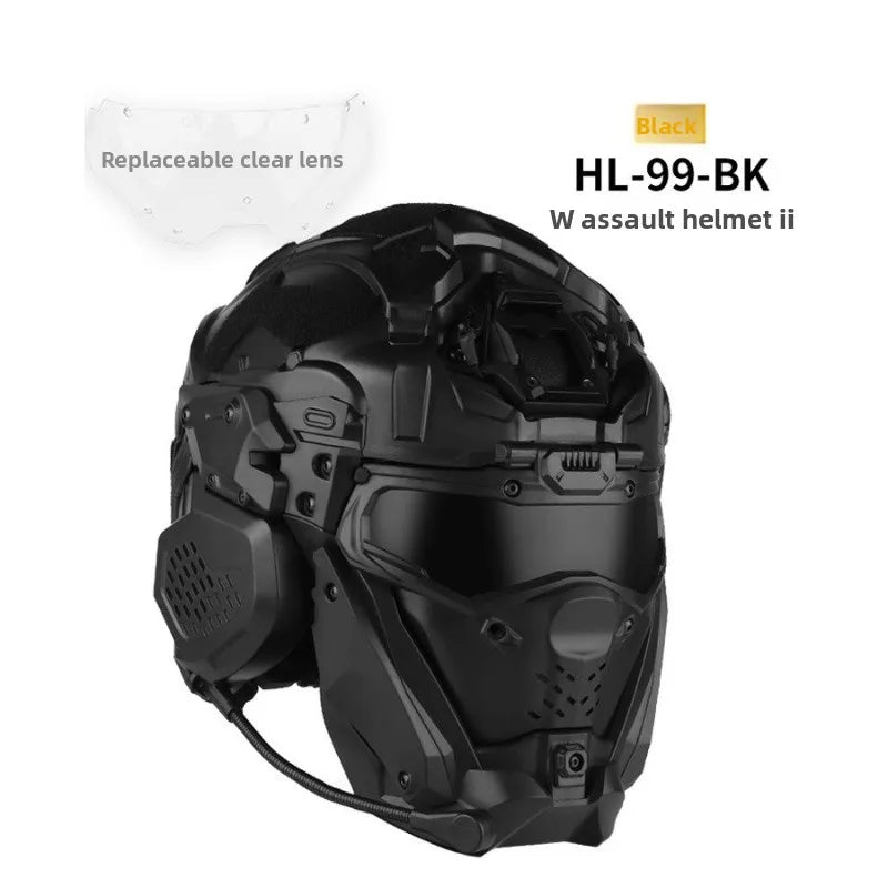 Full Face Helmet with Built-in HD Earphone, Flip-Up Mask & Anti-Fog Fan, Replaceable Lens & NVG Mount for Game/Role-Play/Riding