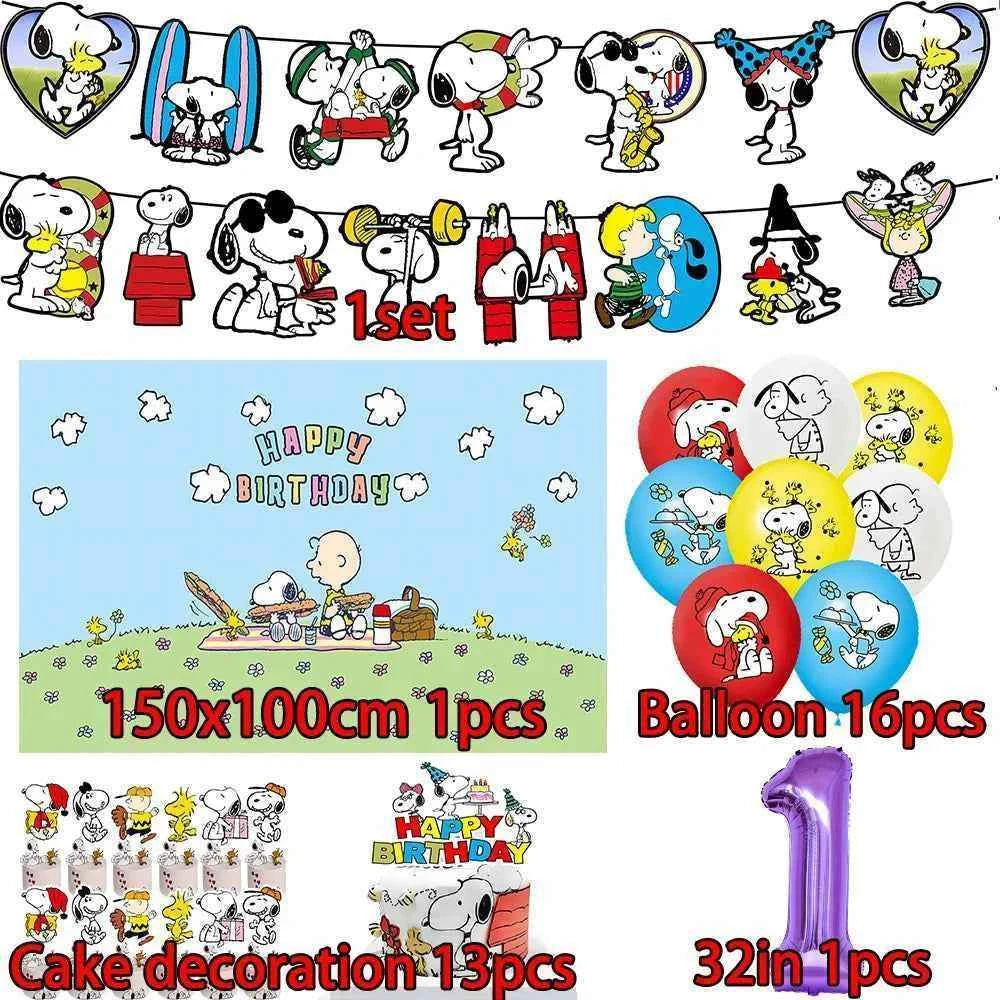 Cartoon Snoopys Birthday Decoration Set Banners Cake Toppers Balloons Backdrops Kids Birthday Gifts Baby Shower Party Supplies