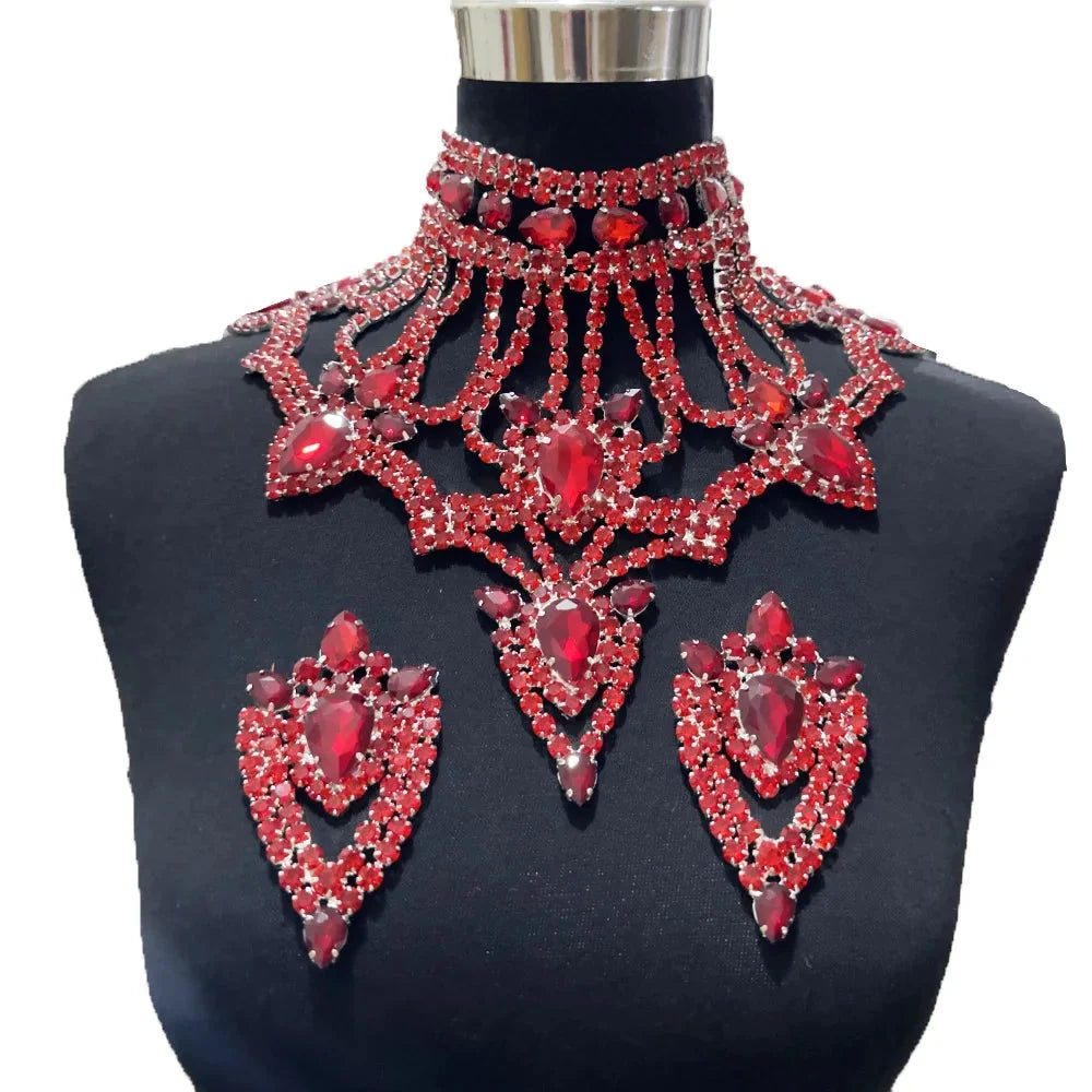 Oversized Glass Gemstone Choker Necklace & Earrings Drag Queen Stage Jewelry Set