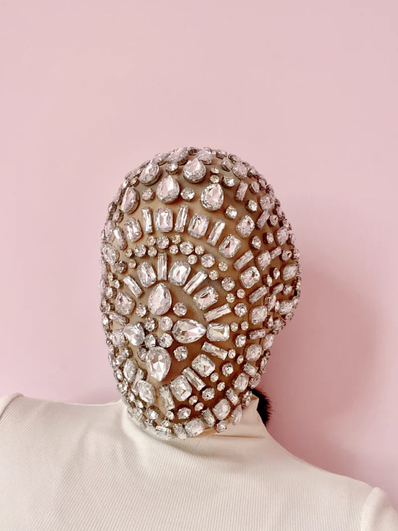 Shiny Diamond Mask for Women Men Elastic Mesh Headgear with Rhinestone Party Rave Mask DJ Dancer Stage Nightclub Headwear - Big Tim's Magic Emporium