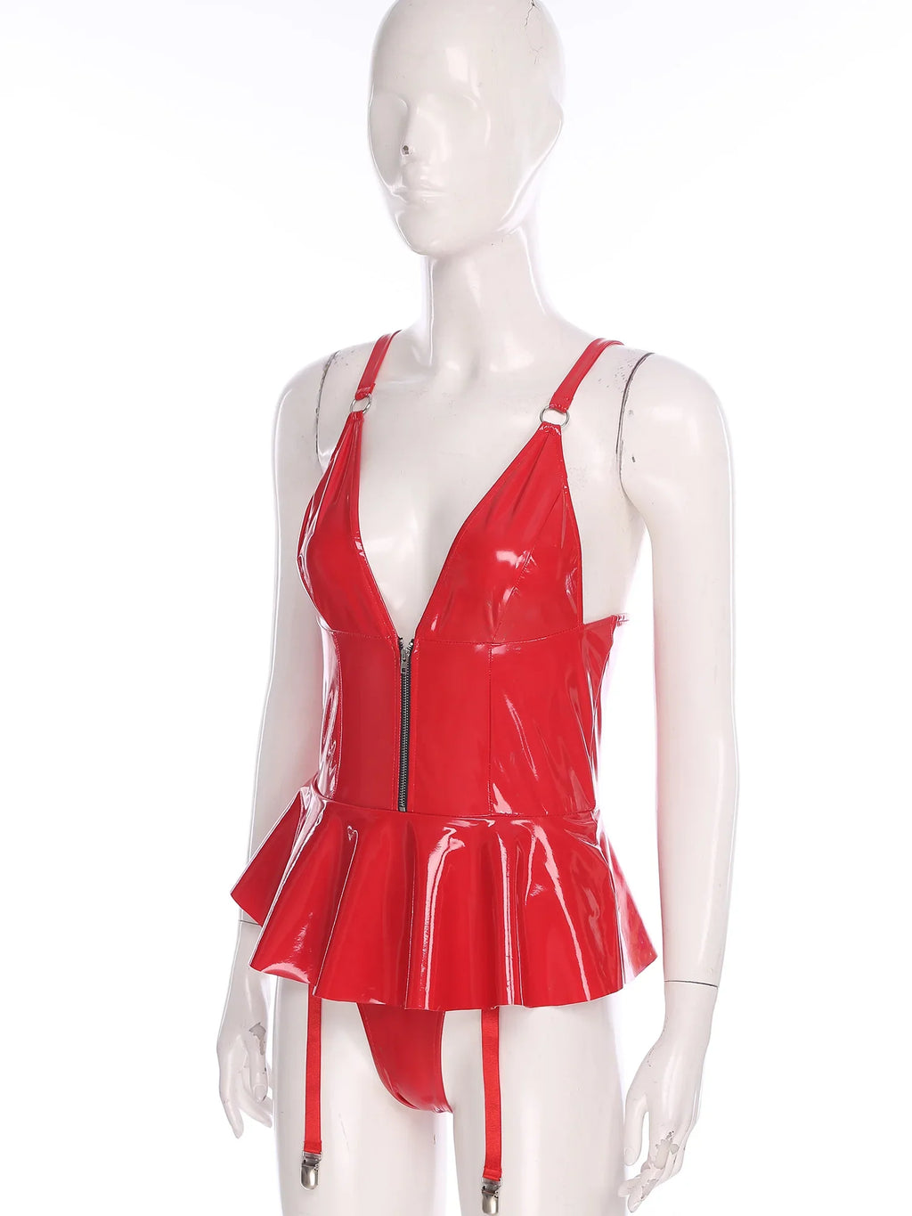 Glossy Wet-Look Halter Romper Bodysuit with Flared Skirt Hem & Integrated Garters