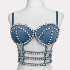 Studded Denim Bustier Crop Top Studded Punk Style Stage Costume Top