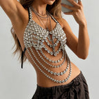 Sparkly Crystal Mesh Halter Crop Top & Body Chain Lingerie Vest