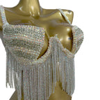 Rhinestone Tassel Bra Top & High-Waist Hollow-Out Shorts 2-Piece Costume Set