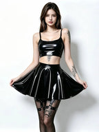 Gothic PU Leather PVC Shiny Flared Pleated Mini A-Line Skirt