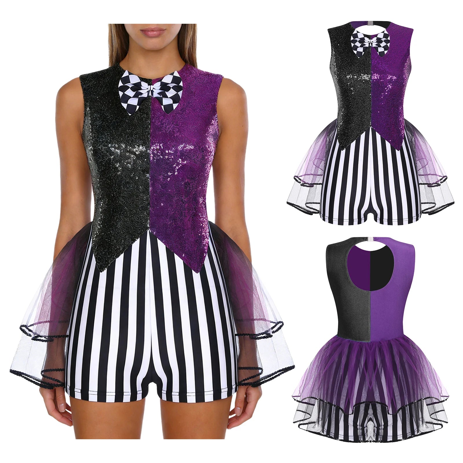 Womens Circus Clown Mad Hat Cosplay Costume Jumpsuit Sequin And Striped Patchwork Checker Bowtie Tiered Tulle Hem Cutout Rompers - Big Tim's Magic Emporium