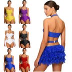 Glittery Rhinestone & Faux Feather Latin Dance Leotard Halter Bodysuit