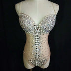 Sparkly Silver Crystal Rhinestone Mesh Leotard Stage Performance Costume