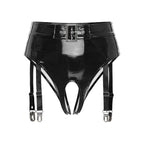 High-Waist Patent Leather Crotchless Thong & Garter Clip Lingerie