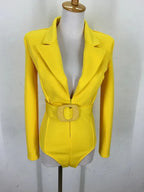 Women's Long Sleeve Blazer Bodysuit with Crystal Belt, V-Neck Zipper Stage & Concert Performance Costume