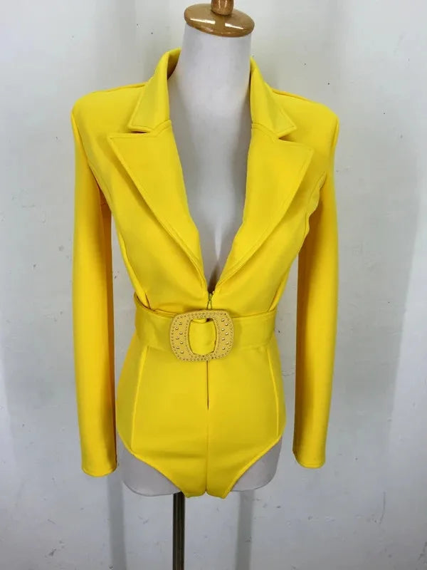 Women's Long Sleeve Blazer Bodysuit with Crystal Belt, V-Neck Zipper Stage & Concert Performance Costume