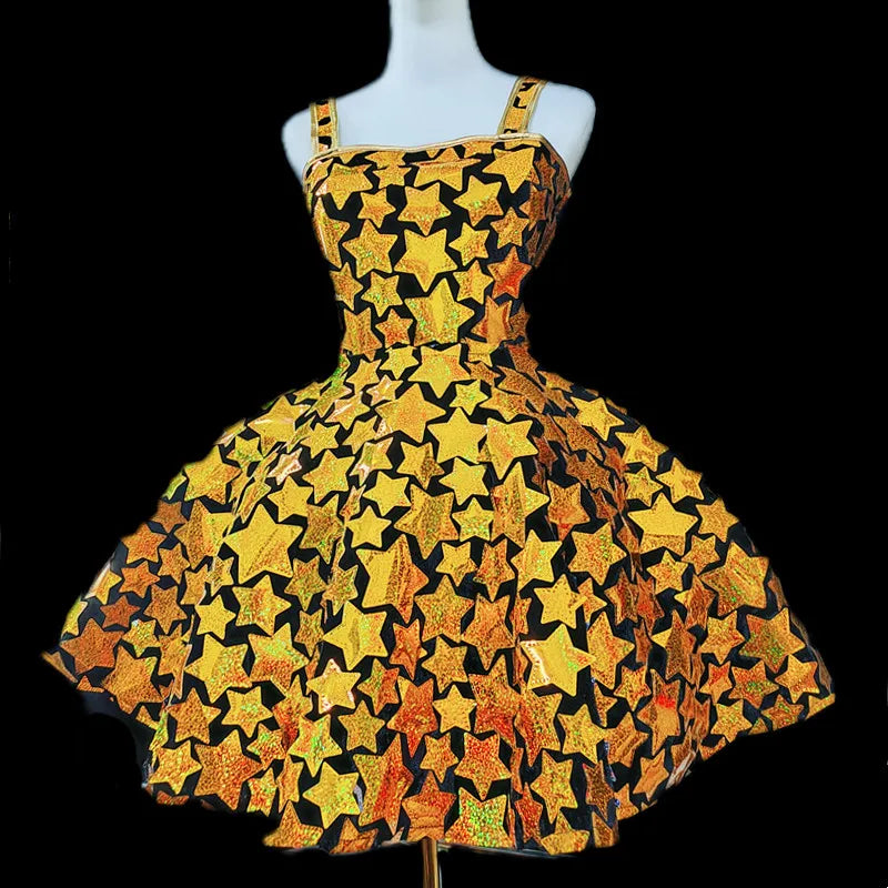 Gold & Silver Sequin Flared Mini Showgirl Dress – Glamour Stage & Performance Skater Costume