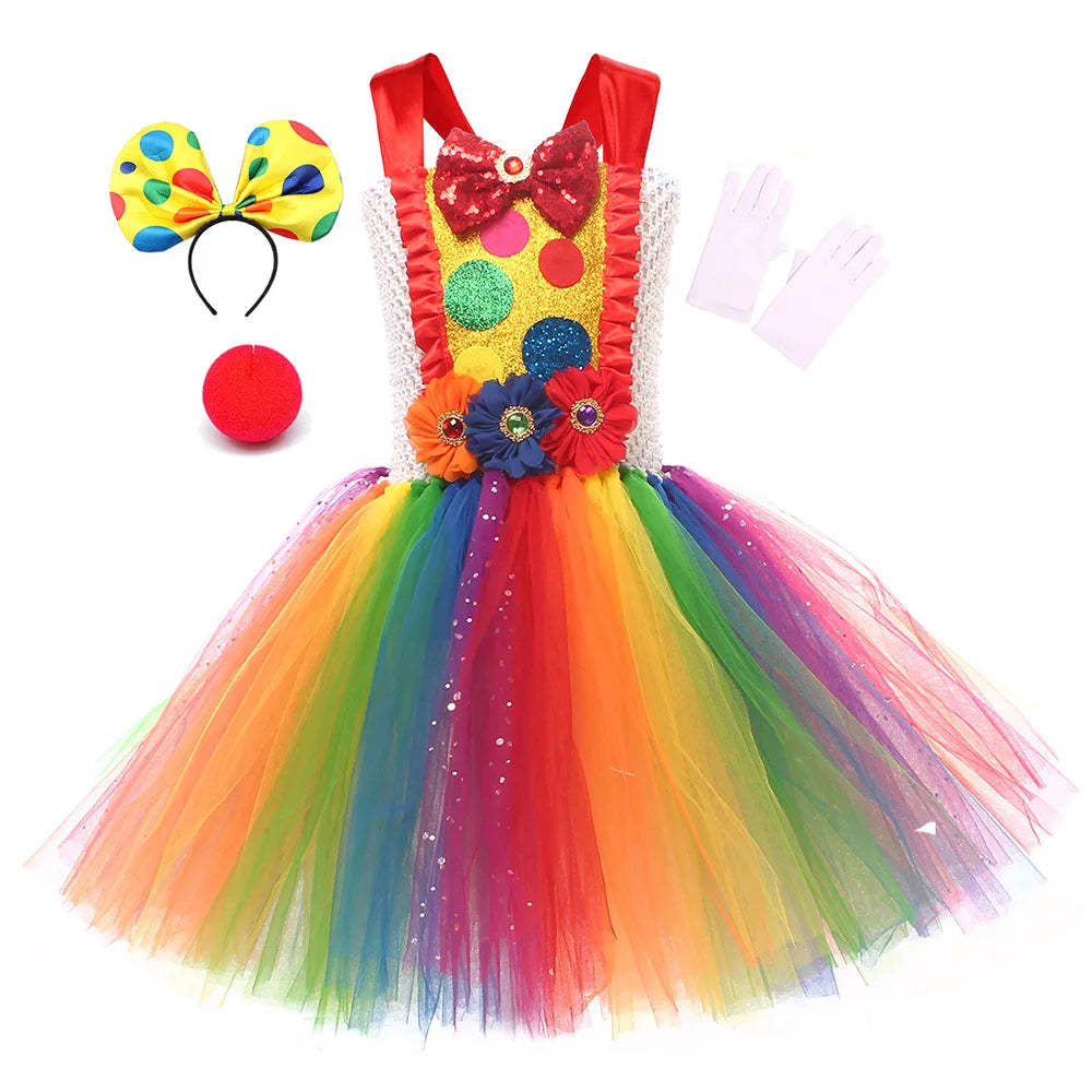 Clown Multicolored Circus Costume for Girls Funny Joker Halloween Tutu Dress Kids Fancy Birthday Party Pageant Carnival Clothes - Big Tim's Magic Emporium