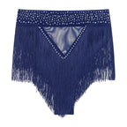 Rhinestone Tassel High-Waist Dance Shorts & Sheer Mesh Fringe Skirt