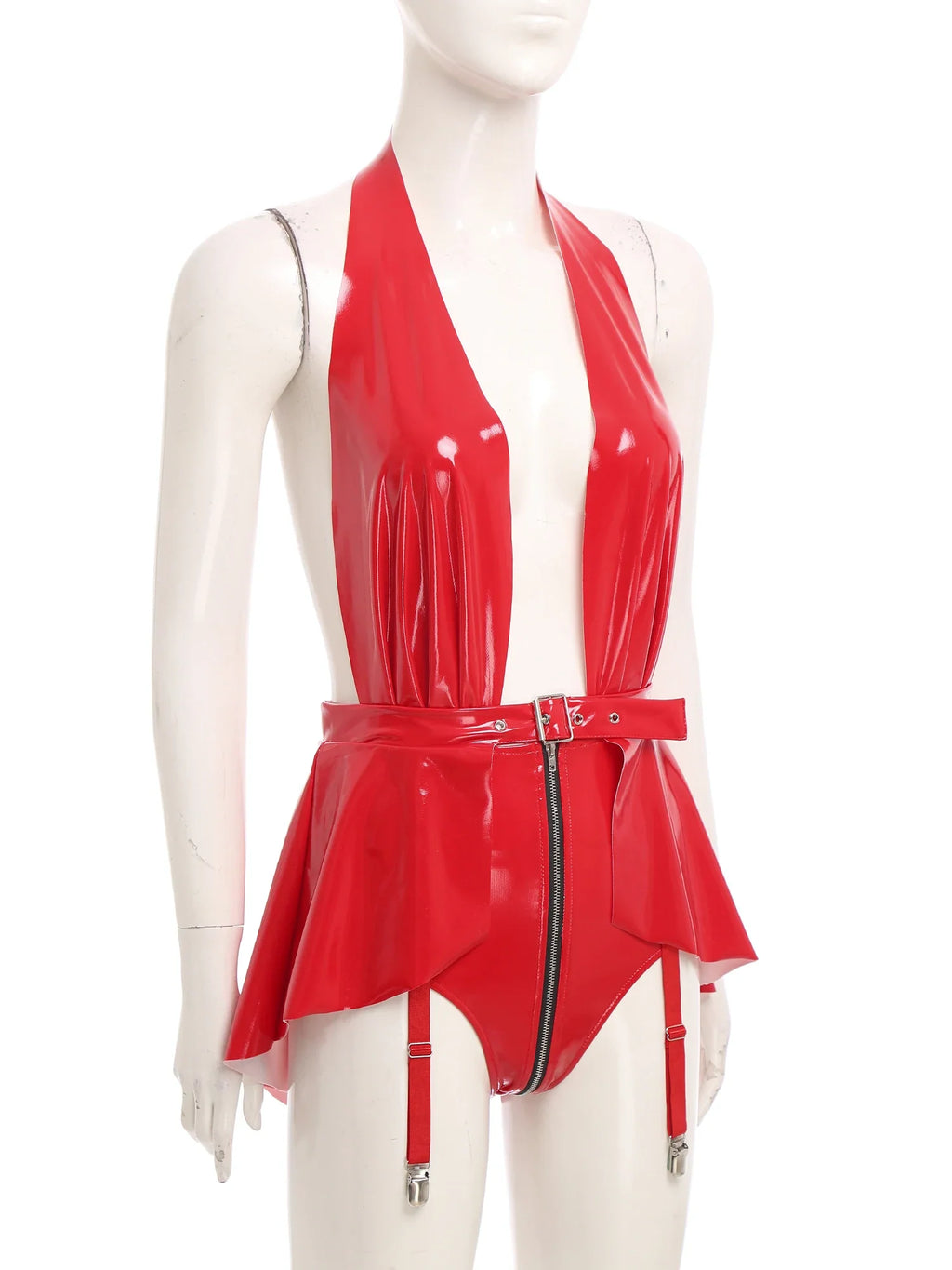 Glossy Wet-Look Halter Romper Bodysuit with Flared Skirt Hem & Integrated Garters