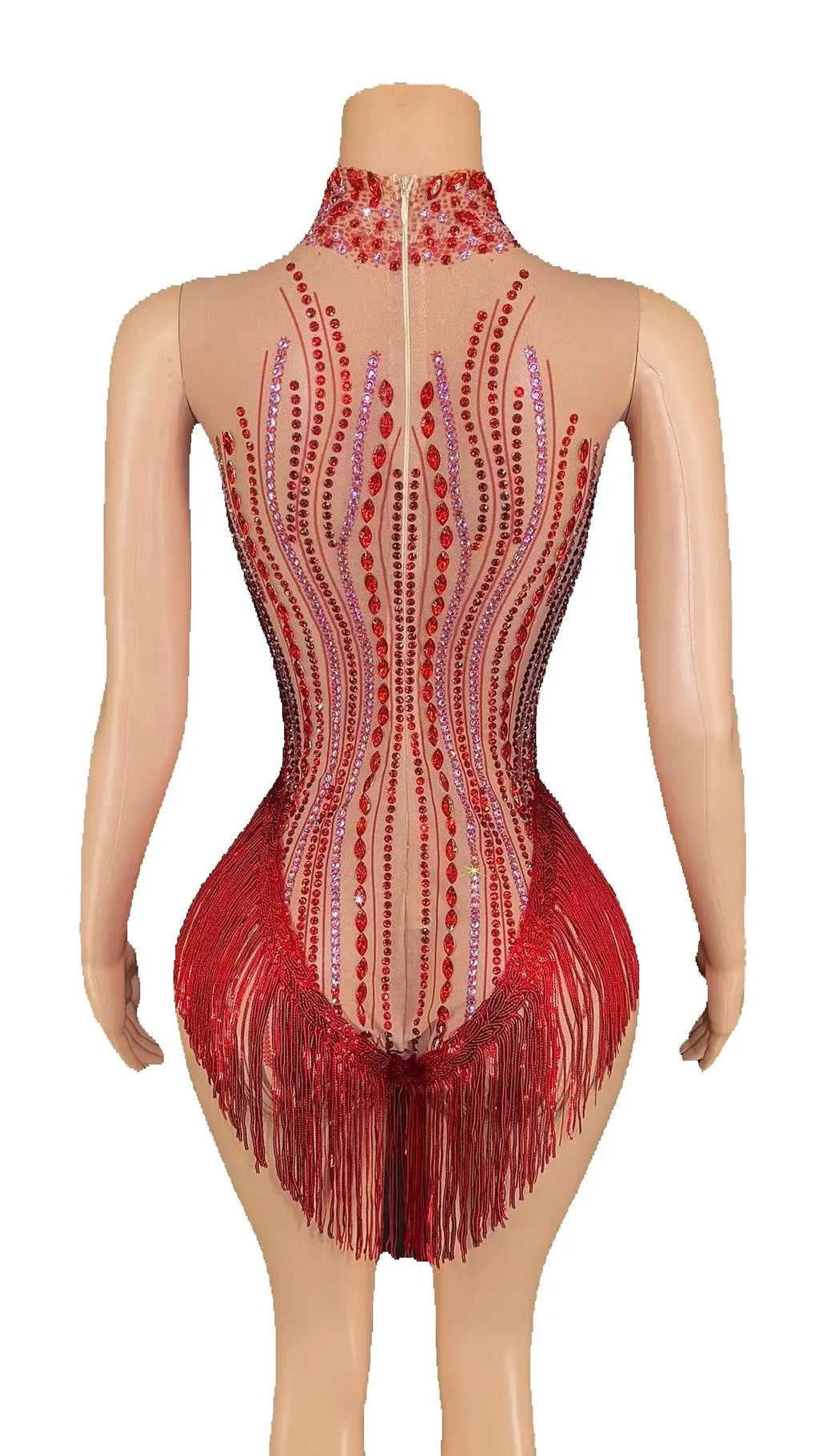 Sparkly Rhinestone, Sequin & Fringe Sleeveless Bodysuit Stage Performance Costume