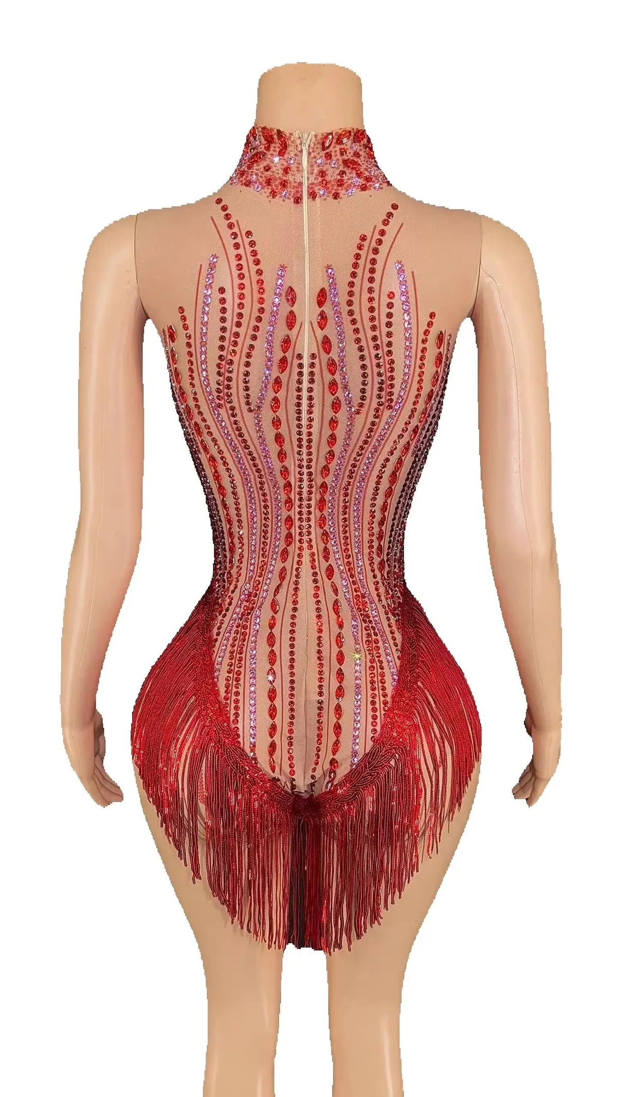 Sparkly Rhinestone, Sequin & Fringe Sleeveless Bodysuit Stage Performance Costume