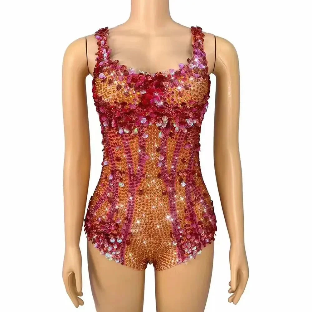 Crimson Sequin Strip & Crystal Rhinestone Bodysuit Illusion Mesh Sleeveless Leotard Stage Costume