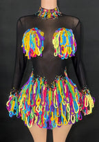 Rainbow Crystal Rhinestone Bodysuit Cascading Fringe Tassel Long-Sleeve Stage Costume