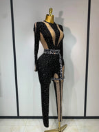 Sexy Sparkly Diamond Black Long Sleeves Bodycon Mesh Jumpsuit Evening Party Nightclub Bar Singer Performance Stage Costume