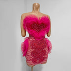 Crystal Rhinestone Mesh Long Sleeve Vintage Inspired Dress with Sequins and Skirt