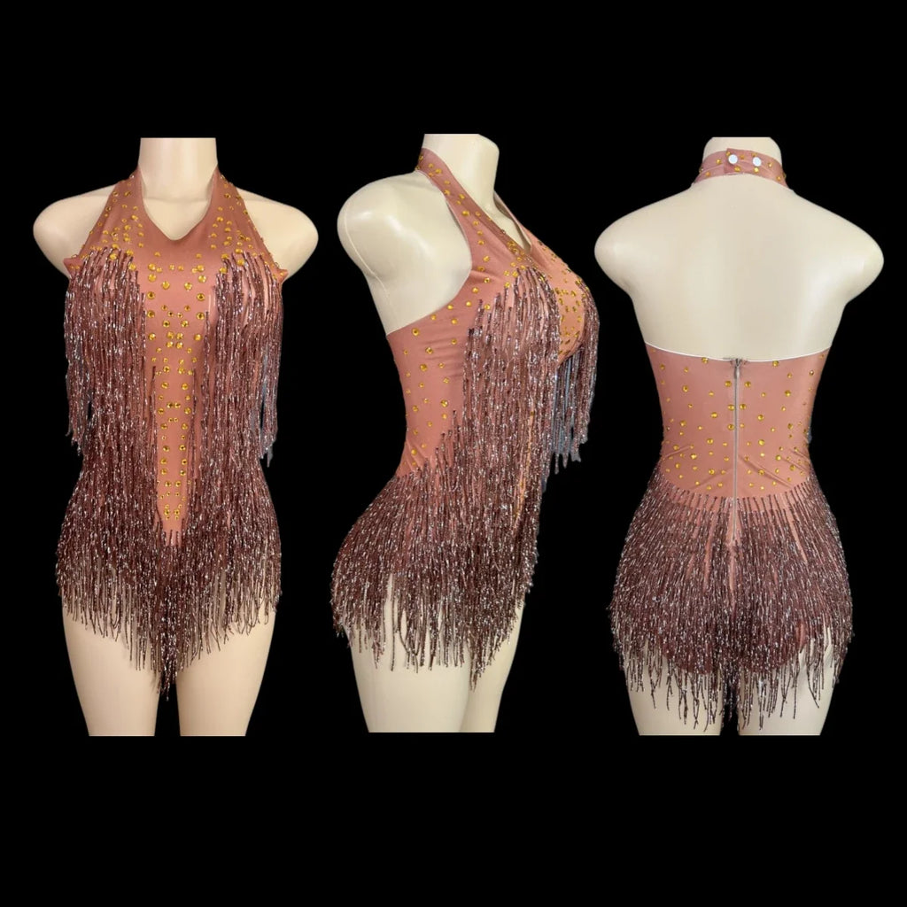 Women's Rhinestone Fringe Dance Bodysuit
