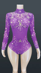 Sparkly Crystals Long-Sleeve Mesh Bodysuit Stage Performance Costume