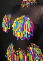 Rainbow Crystal Rhinestone Bodysuit Cascading Fringe Tassel Long-Sleeve Stage Costume