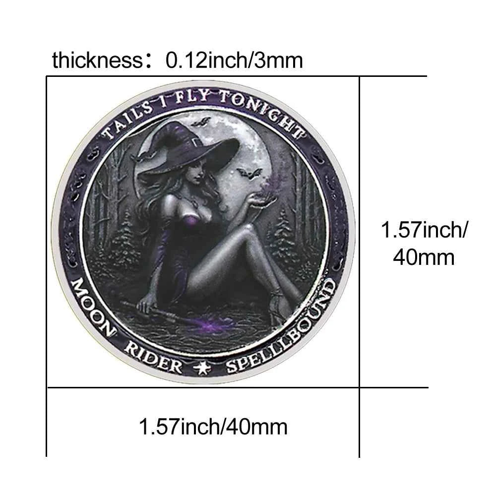 Tails I Fly Tonight" Witch Challenge Coin – Moon Rider Spellbound Collectible, 40mm Fantasy Magic Coin Gift