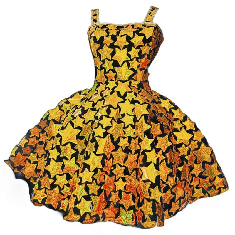 Gold & Silver Sequin Flared Mini Showgirl Dress – Glamour Stage & Performance Skater Costume