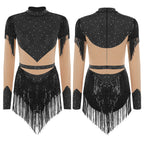 Rhinestone Sequin Tassel Long Sleeve Dance Jumpsuit Bodysuit
