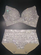 Dazzling Shimmer Crystal Bikini & High-Waist Dance Performance Costume Set
