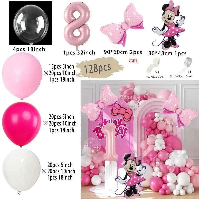 128PCS Minnie Mouse Pink Bow Aluminum Mold Balloon Garland Arch Set Girl Princess Birthday Party Baby Shower Decoration Supplies